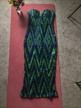 Strapless Sequin Chevron Evening Dress - Green & Blue. Love & Lemonade XL